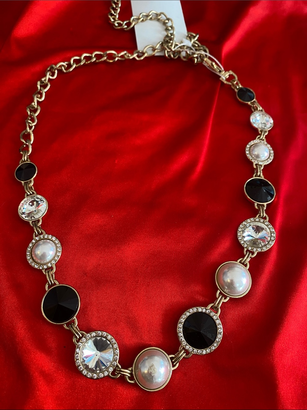 Gold-Tone Statement Belt with Black, Pearl and Clear Accents